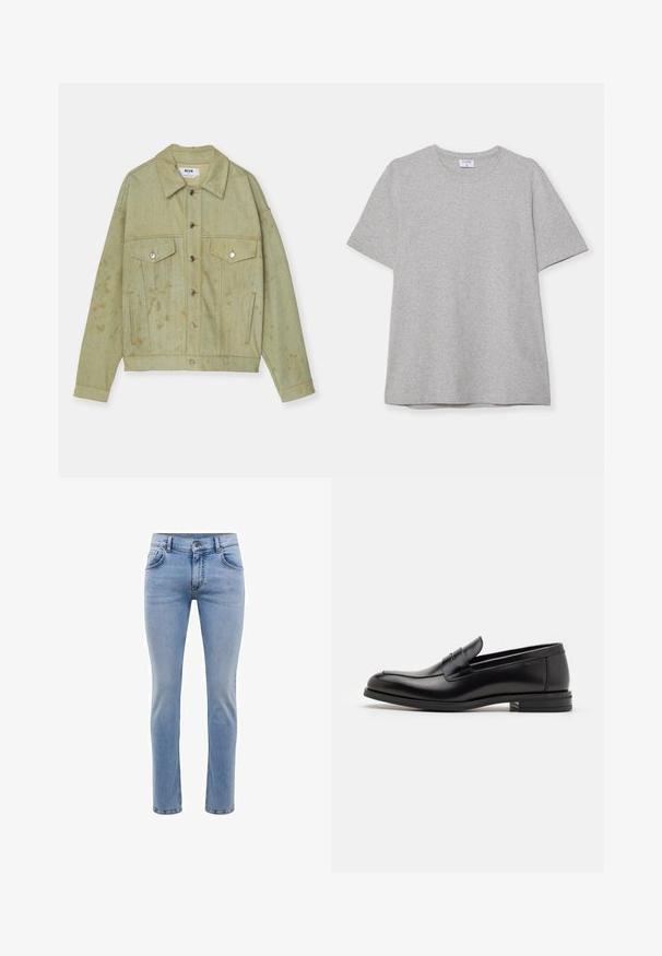 Grüne Jeansjacke mit einer knöpfbaren Vorderseite, zwei Brusttaschen und sichtbaren abgenutzten Stellen. Verfügt über Metallbeschläge und einen Kragen.; Graues T-Shirt mit kurzen Ärmeln aus weichem, strukturiertem Stoff. Verfügt über einen klassischen Rundhalsausschnitt und einen geraden Saum, geeignet für legere Trageanlässe.; Hellblaue, slim-fit Jeans aus Denim mit fünf Taschen und geradem Bein. Mit Reißverschluss und Gürtelschlaufen ausgestattet. Weicher Stoff.; Schwarze Lederloafers mit glatter Textur, rundem Zehenbereich und einem dekorativen Riemen über dem Vorderfuß. Niedriger, gestapelter Absatz, minimalistisches Design.