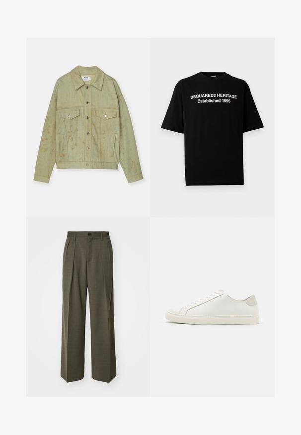 Giacca di jeans verde con chiusura a bottoni, due tasche sul petto e macchie di usura visibili. Presenta hardware in metallo e colletto.; T-shirt nera a maniche corte in cotone con collo rotondo, con stampa bianca: "DSQUARED2 HERITAGE Fondata 1995" sul fronte.; Filippa K WIDE TROUSERS - Pantaloni - driftwood; Sneaker bianca in pelle con superficie liscia, punta rotonda e design minimalista. Presenta dettagli beige sul tallone e una suola in gomma.