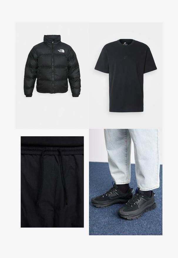 The North Face RETRO NUPTSE JACKET - Pūkinė striukė - black; Juodas medvilninis Nike marškinėliai su klasikinėmis apykaklėmis, trumpomis rankovėmis ir subtiliu, įspaustu logotipu ant krūtinės. Sklandus tekstūra.; Juodos šortai su raišteliu juosmens srityje, lengva medžiaga su lygiu paviršiumi ir paprastas dizainas be matomų logotipų ar raštų.; Juodi sportiniai bateliai su tekstūruota medžiaga ir guminiais padais, su elastingomis raišteliais ir mėlynu akcentu ant kulno. Dėvimi su šviesiai mėlynomis džinsinėmis kelnėmis.