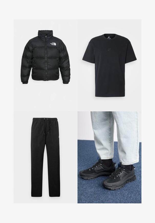 The North Face RETRO NUPTSE JACKET - Tollkabát - black; Fekete pamut póló Nike márkájú, klasszikus, kerek nyakú, rövid ujjú, és letisztult, dombornyomott logóval a mellkason. Simább textúra.; Fekete, bolyhos anyagú melegítők, elasztikus derékkal és húzózsinórral, két elülső zsebbel és egy kisméretű logóval a combján.; Fekete sportcipők texturált anyaggal és gumitalppal, elasztikus fűzőkkel és kék kiegészítővel a saroknál. Világos farmernadrággal viselve.