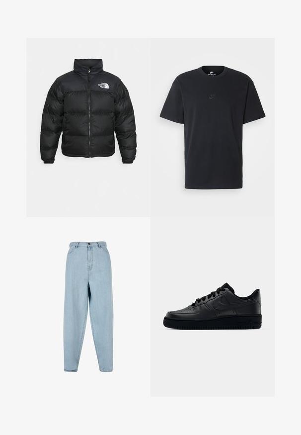 The North Face RETRO NUPTSE JACKET - Páperová bunda - black; Čierne bavlnené tričko Nike s klasickým okrúhlym výstrihom, krátkymi rukávmi a jemne embosovaným logom na hrudi. Hladká textúra.; Svetlo modré nohavice s vysokým pásom a voľným strihom. Obsahujú predné zapínanie na gombík, zips a dizajn s piatimi vreckami. Materiál je jemne vyblednutý.; Čierne tenisky Nike Air Force 1 s hladkým koženým zvrškom, perforovanou špičkou pre priedušnosť, čiernymi šnúrkami a textúrovanou gumovou podrážkou.