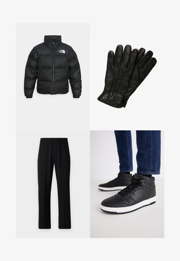 The North Face RETRO NUPTSE JACKET - Dūnu jaka - black; Garās piedurknes melna T-kreklā, izgatavota no kokvilnas, ar apaļu kakla izgriezumu, brīvu piegriezumu un ribotām piedurknēm. Gluda tekstūra bez redzamām rakstainēm.; Melni elastīgi bikses ar taisnas kājas dizainu, ar gludu tekstūru un bez redzamām zīmēm vai detaļām.; Melni augstie sporta apavi, izgatavoti no strukturētas ādas, ar melnām auklām, baltu gumijas zoli un nelielu logo sānos.; Melna ādas cimdi ar gludu faktūru, piecām pirkstiem un delikātiem izšuvumiem. Klasisks dizains, piemērots aukstam laikam.