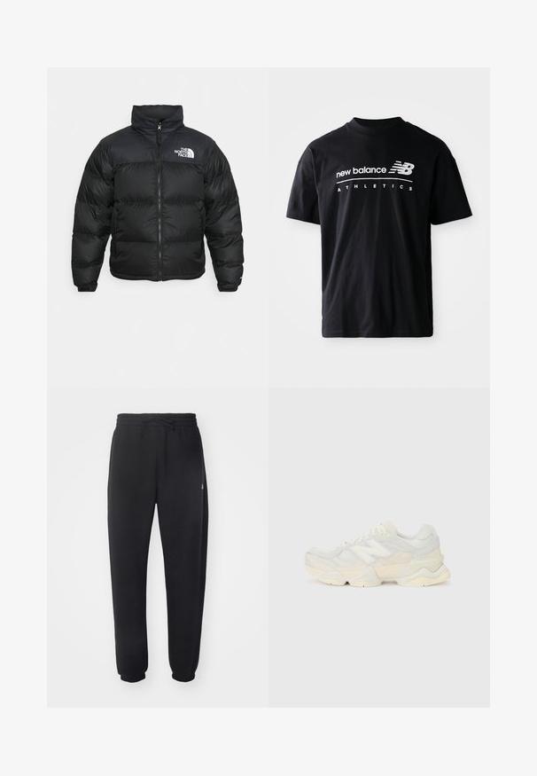 The North Face RETRO NUPTSE JACKET - Dunjakke - black; Svart bomull T-skjorte med rund hals, korte ermer og hvite tekstgrafikker "new balance" og "ATHLETICS" på fronten.; Sorte joggebukser laget av mykt materiale med elastisk midje, snor og smale mansjetter, med en diskret logo på siden.; Lett sneaker med en overdel i mesh og semsket skinn i myke kremtoner, med en kraftig såle og tredimensjonale detaljer.