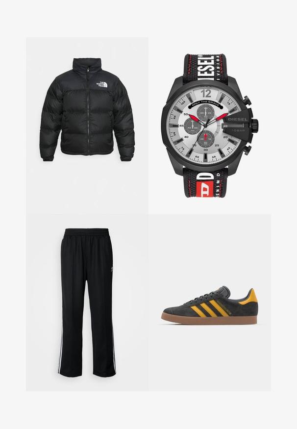 The North Face RETRO NUPTSE JACKET - Dunjakker - black; Sort bomulds T-shirt med rund hals, korte ærmer og raglan-design. Har et struktureret logo på venstre bryst. Glat finish.; Sorte træningsbukser med elastisk talje, der har hvide sidestænger og et lille logo. Materialet ser blødt og let ud.; Sort suedet sneaker med gule accenter, der har tre striber og en brun gummisål. Inkluderer en polstret tunge for komfort.; Sort kronograf ur med en sølvskive, der har tre sub-skiver, store timeindikatorer og et tekstureret stofrem med røde accenter.