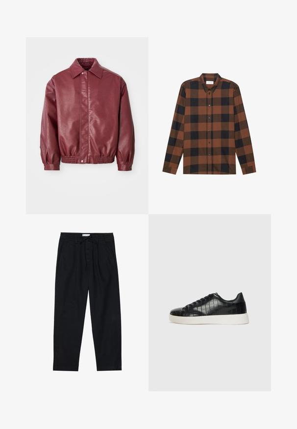 Casaco de pele bordô com gola, fecho de botão de pressão, cintura elástica e mangas ligeiramente bufantes para um ajuste descontraído.; Camisa de manga longa em xadrez castanho e preto, feita de tecido, com colarinho abotoado e punho abotoado; possui mangas com punho.; Pier One Chinos - black; Tênis pretos com cabedal em couro texturizado com relevo de crocodilo, bico arredondado e sola de borracha branca em contraste, com acabamento suave.