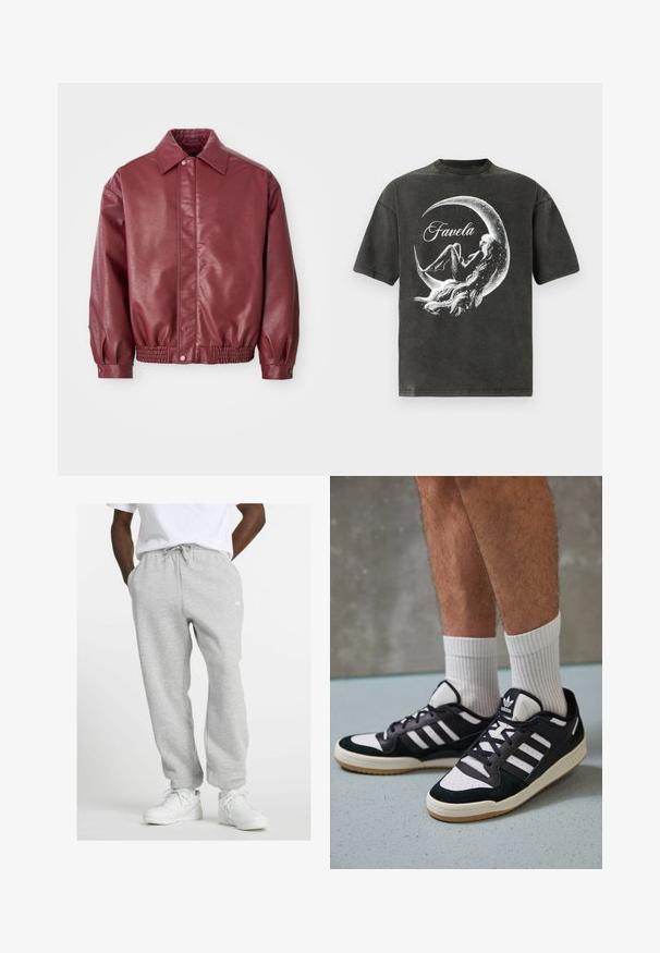 Burgundska kožna jakna s ovratnikom, zatvaranjem na gumbe, elastičnim pojasom i blago napućenim rukavima za ležeran izgled.; Črna oversize majica iz mehkega bombaža z grafičnim dizajnom, ki prikazuje luno in besedo "Favela" v beli barvi.; Moški nosi svetlo sivo trenirko z vrvico in bele superge, stoji z rokami v žepih na beli podlagi.; Črno-bele superge z zgornjim delom iz usnja in nubuka, ki imajo tri bele črte, perforiran vrh prstov in podplat iz gume.