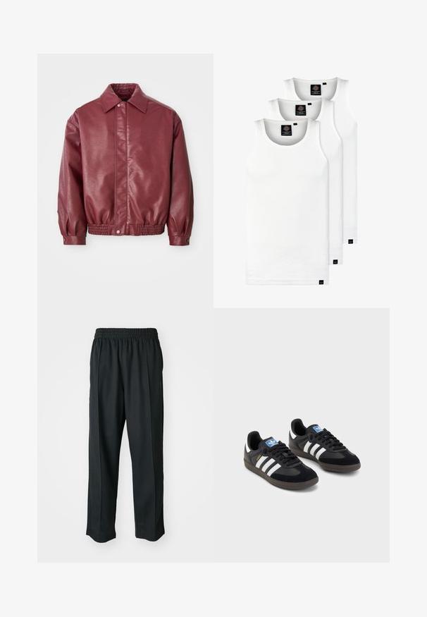 Burgundy leather jacket with a collared neck, snap-button closure, elastic waist, and slightly puffed sleeves for a relaxed fit.; Three white ribbed tank tops made of cotton. Features a crew neck and small black labels near the hem. Available in multiple sizes.; Black athletic pants with an elastic waistband, made of smooth fabric, featuring subtle side stitching and a relaxed fit, straight leg design.; Black sneakers with a suede and synthetic upper, featuring three white stripes, textured rubber sole, and blue logo tag on the tongue.
