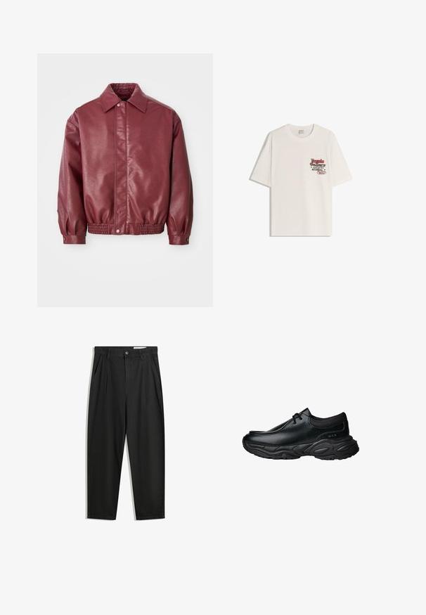 Burgundska kožna jakna s ovratnikom, zatvaranjem na gumbe, elastičnim pojasom i blago napućenim rukavima za ležeran izgled.; Bela bombažna majica s kratkimi rokavi in okroglim izrezom. Ima natisnjen grafični motiv v rdeči in črni barvi na levi strani prsnega predela.; Črne bombažne hlače s sproščenim krojem, ki vključujejo klasičen pas, sprednje gube in stranske žepke. Gladka tekstura brez vzorcev.; Črne usnjene čevlje za enostavno obuvanje z zaobljenim nosom in debelim strukturiranim gumijastim podplatom. Imajo diskretne šive in elastične dodatke na ovratniku.