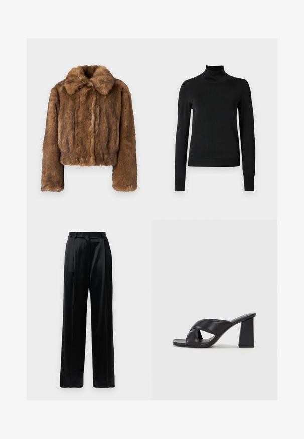 Hnědá umělá kožešinová krátká bunda s kulatým límcem, dlouhými rukávy a měkkým, strukturovaným povrchem. Bez viditelného kovového zapínání nebo vzorů.; Černý dlouhý rukáv rolák se žebrovanými manžetami a lemem, vystavený na čistě bílém pozadí.; Černé saténové kalhoty s vysokým pasem a rovnými širokými nohavicemi, s poutky na opasek a s plochým předním zapínáním na bílém pozadí.; MAX&Co. SOHO - Sandály na vysokém podpatku - schwarz
