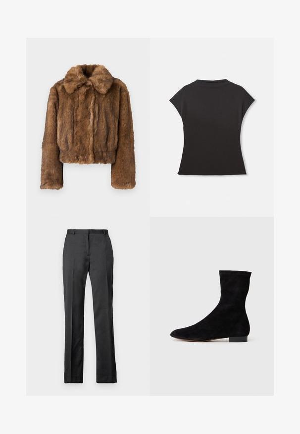 Καφέ ψεύτικη γούνινη κοντομάνικη ζακέτα με στρογγυλή γιακά, μακριά μανίκια και μαλακή, υφασμάτινη επιφάνεια. Χωρίς ορατά αξεσουάρ ή σχέδια.; Μαύρη κοντομάνικη μπλούζα με ψηλό λαιμό και χαλαρή εφαρμογή. Κατασκευασμένη από μαλακό ύφασμα με απλή υφή. Χωρίς ορατά σχέδια ή γραφικά.; Προσαρμοσμένα μαύρα παντελόνια από λεία ύφανση. Διαθέτουν σχέδιο ευθείας γραμμής, επίπεδο μπροστινό μέρος και διακριτές πιέτες.; Μαύρη σουέντ ankle boot με εφαρμοστό άξονα, μυτερή μύτη και χαμηλό τετράγωνο τακούνι. Λείο υλικό και μινιμαλιστικός σχεδιασμός, κατάλληλη για πολυάριθμους συνδυασμούς.