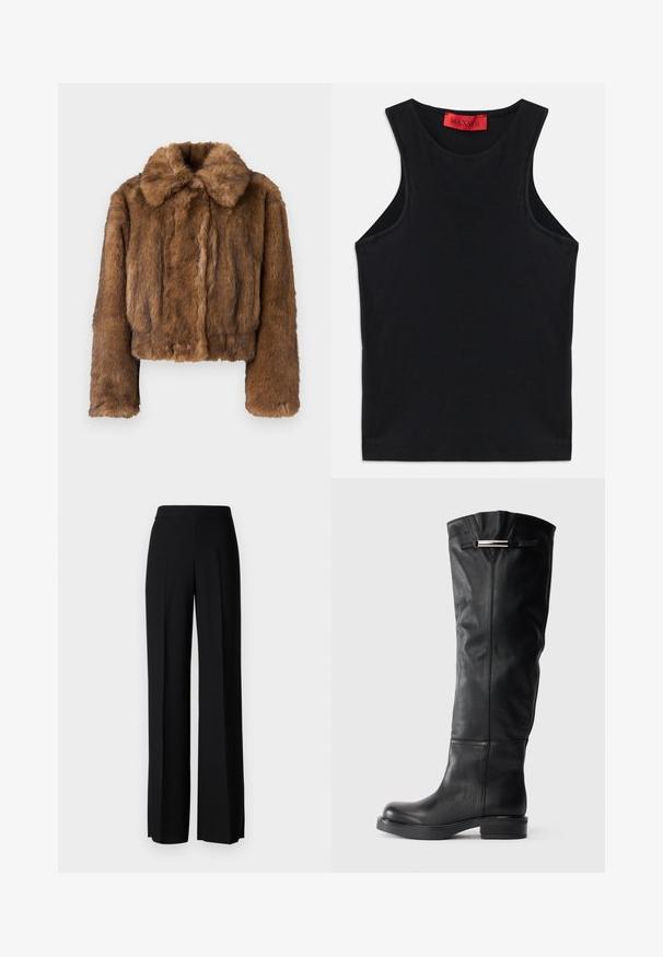 Hnedý umelý kožuch s krátkym strihom, okrúhlym golierom, dlhými rukávmi a mäkkým, texturovaným povrchom. Žiadne viditeľné kovanie ani vzory.; Čierny bezrukávový top vyrobený z jemnej bavlny. Má okrúhly výstrih a štandardný lem. Jednoduchý dizajn, žiadne viditeľné vzory ani akcenty.; Čierne široké nohavice s hladkým povrchom, s vysokým pásom a stredovými skladmi. Žiadne viditeľné vzory ani hardvérové detaily.; Čierne kožené čižmy po kolená s hladkou textúrou, zaoblenou špičkou a nízkym blokovým podpätkom. Obsahujú strieborný akcent na hornej strane.