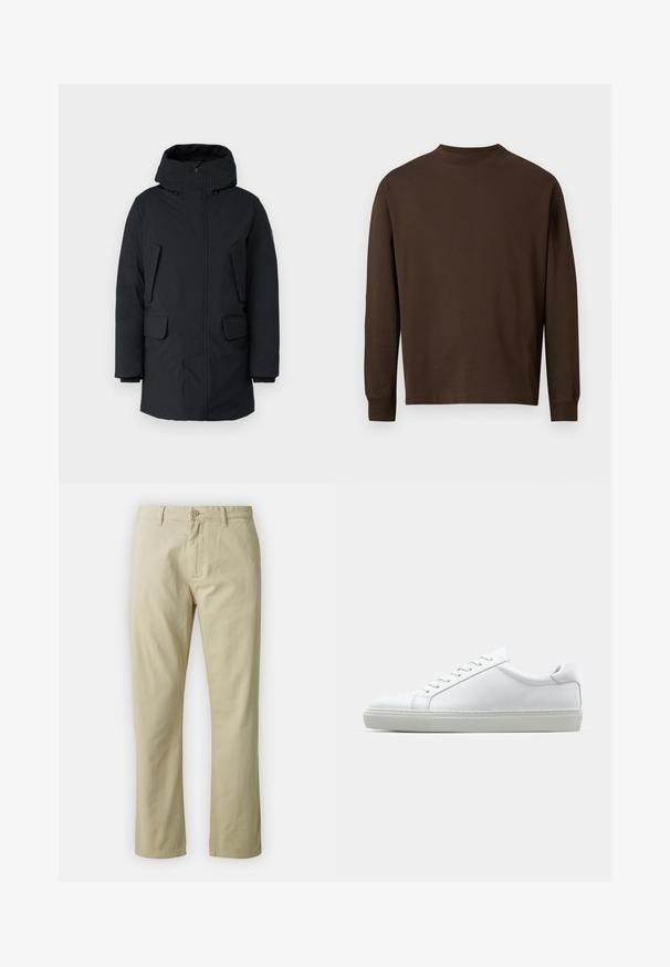 Parka nera con cappuccio, con chiusura frontale a zip, due tasche laterali e un tessuto liscio e resistente all'acqua. Design classico, a taglio dritto.; Camicia marrone a maniche lunghe realizzata in tessuto morbido, con scollatura rotonda e taglio dritto, senza motivi visibili o accessori.; Pantaloni in cotone beige dal design a gamba dritta, con chiusura frontale a bottone e passanti per cintura. Tessuto liscio, senza motivi o dettagli visibili.; Sneaker bianco con tomaia in pelle liscia e profilo basso. Presenta una punta arrotondata, sei occhielli e una suola in gomma testurizzata.