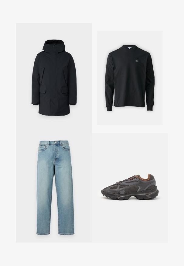 Parka negra con capucha, que presenta un cierre frontal con cremallera, dos bolsillos laterales y una tela suave y resistente al agua. Diseño clásico de corte recto.; Camiseta de manga larga negra de algodón, con escote redondo y un pequeño logo de cocodrilo bordado en verde en el lado izquierdo del pecho.; Jeans de mezclilla azul claro con un corte amplio, piernas rectas, diseño de cinco bolsillos y cierre de botón en la cintura. Detalle de costura minimalista.; Zapatillas Lacoste en gris oscuro con material de malla y sintético, que cuentan con una suela texturizada y detalles en marrón en el cuello y la marca.