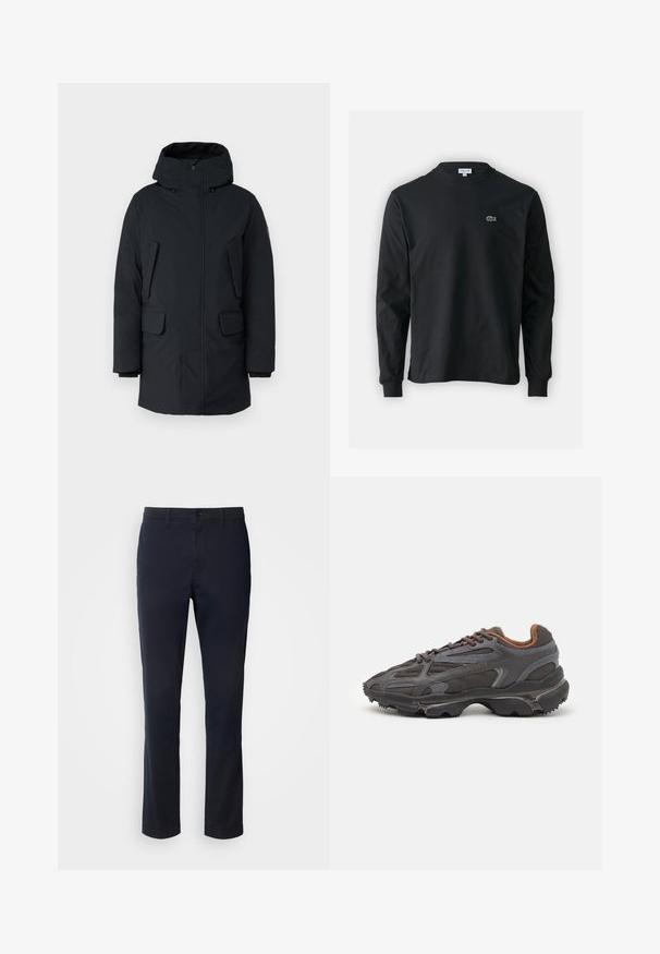 Black parka with a hood, featuring a front zip closure, two side pockets, and a smooth, water-resistant fabric. Classic, straight-cut design.; Black long-sleeve t-shirt made of cotton, featuring a round neckline and a small green embroidered crocodile logo on the left chest.; Navy blue trousers made of smooth fabric, featuring a straight leg design, belt loops, and a button closure with a zip fly.; Lacoste sneakers in dark gray with mesh and synthetic material, featuring a textured sole and brown accents on the collar and branding.