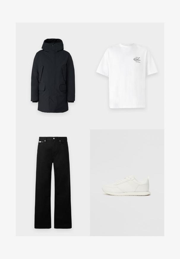 Černá parka s kapucí, která má přední zip, dvě boční kapsy a hladkou, voděodolnou látku. Klasický, rovný střih.; Bílý bavlněný tričko s krátkým rukávem, kulatým výstřihem, s černým logem CK na levé části hrudníku, standardní střih, hladká textura.; Černé denimové kalhoty s širokým střihem, s pěti kapsami a kovovými knoflíky. Hladký povrch, bez viditelných vzorů.; Bílé tenisky s vrchní částí z síťoviny a syntetického materiálu, kulatou špičkou, plochými tkaničkami a texturovaným bočním pruhem. Gumová podrážka s poutkem vzadu.