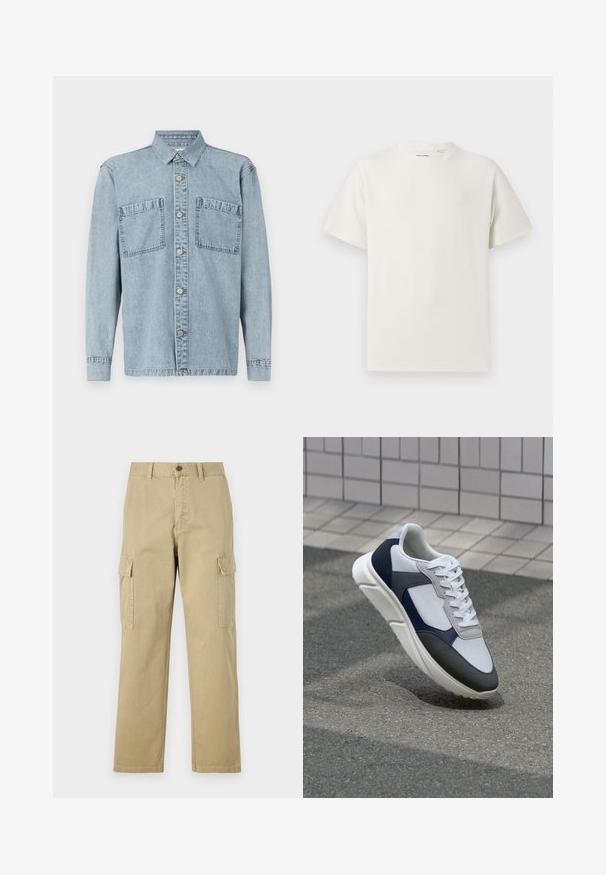 Camisa de ganga em azul claro com mangas longas, fecho de botão, dois bolsos no peito e colarinho clássico; apresenta um tecido texturizado.; T-shirt branco de manga curta em textura canelada. Gola redonda, ajuste descontraído, sem padrões ou detalhes visíveis. Design simples e versátil.; Calças cargo bege feitas de algodão, com dois bolsos laterais, fecho de botão e pernas retas com um tecido ligeiramente texturizado.; Sapatilhas brancas, azuis-marinho e cinzas com um design de materiais mistos, apresentando uma parte superior texturizada, atacadores planos e uma sola acolchoada.