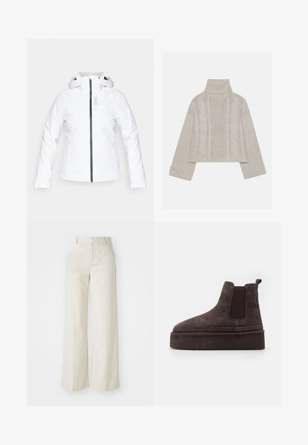 Casaco impermeável branco com fecho frontal, capuz ajustável e mangas longas; apresenta fecho preto e logótipo da marca em prata.; Suéter tricotado cinza claro, cortado, com gola alta e punhos canelados, apresentando padrões de cabos texturizados ao longo das costas e dos lados.; Calças largas numa cor bege clara, feitas de um tecido suave. Apresentam uma cintura clássica e parte da frente lisa com linhas limpas.; Botas Chelsea em suede castanho com painéis laterais elásticos e uma sola plataforma grossa e texturizada. Apresenta uma alça na parte de trás para facilitar o calce.