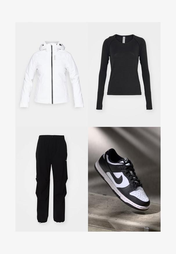 Bílá nepromokavá bunda se zapínáním na zip, nastavitelnou kapucí a dlouhými rukávy; má černý zip a značkové logo ve stříbrné barvě.; Černá dlouhá rukávová košile vyrobená z měkké látky. Má kulatý výstřih a raglánové rukávy s otvory na palce na manžetách. Minimalistický design.; Černé venkovní kalhoty vyrobené z odolného materiálu, se uvolněným střihem, elastickým pasem a staženými manžetami pro nastavitelné délky.; Černobílé tenisky Nike Dunk Low s koženým svrškem, perforovanou špičkou a černými tkaničkami, s bílou podrážkou a akcenty loga.