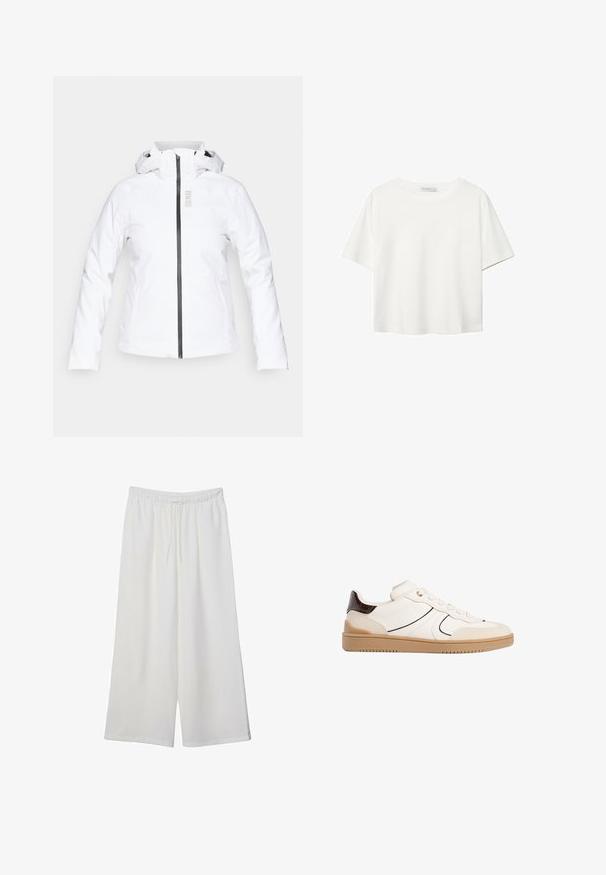 Weiße wasserdichte Jacke mit Reißverschluss vorne, verstellbarem Kapuze und langen Ärmeln; ausgestattet mit schwarzem Reißverschluss und silberner Markenlogo.; Weißes T-Shirt mit kurzen Ärmeln aus Baumwolle. Hat einen Rundhalsausschnitt und eine lockere Passform. Glatte Textur ohne sichtbare Muster oder Akzente.; Weiße, weit geschnittene Hosen aus leichtem Stoff, mit einem elastischen Bund und einem Zugband für eine verstellbare Passform. Glatte Textur.; Stradivarius Sneaker low - white