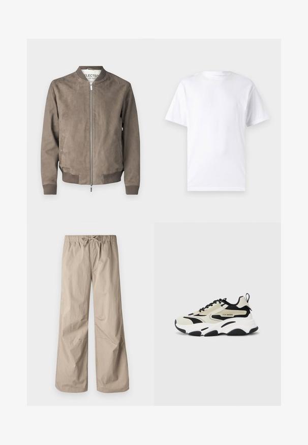 Brown suede bomber jacket with ribbed knit cuffs and hem. Front zip closure, side pockets, and a tag with brand name inside the collar.; White short-sleeve t-shirt made of cotton with a crew neckline, featuring a smooth texture and simple design without patterns or accents.; Beige wide-leg pants with an elastic waistband and drawstring. Smooth texture, two side pockets, and minimal seams for a relaxed fit.; Chunky sneaker with a beige and black mesh upper, white midsole, black rubber outsole, and logo detailing on the side.