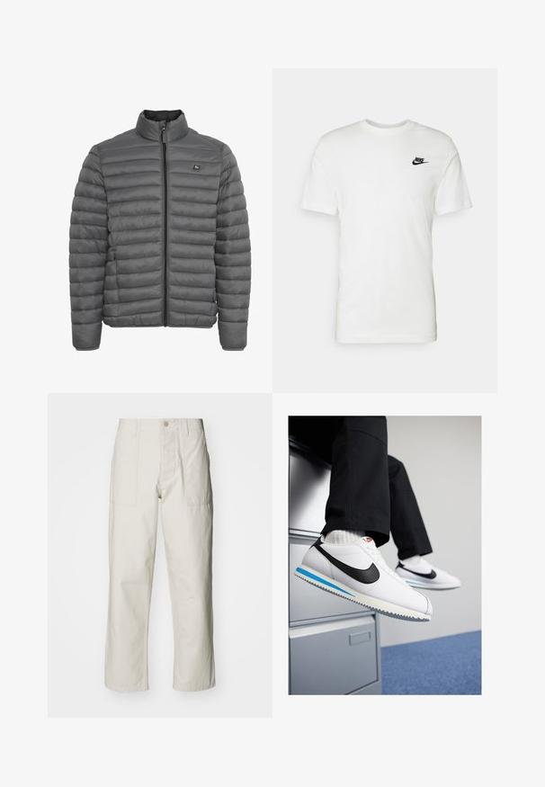 Grå polstret jakke med høj krave, fuld længde lynlås og horisontalt quiltet design. Fremstillet af letvægts, glat stof.; Hvid bomulds t-shirt med korte ærmer, rund halsudskæring og et sort Nike-logo på venstre brystområde. Glat tekstur og klassisk pasform.; Lysebeige brede bukser lavet af bomuld. Har forlommer og en knaplukning. Glat tekstur med subtile lodrette linjer.; Hvide lædersneakers med et sort Nike-swoosh, lys blå og grå gummisål samt klassisk snørebånd-design. Fødderne hviler på et arkivskab.