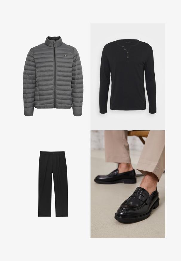 Grå polstret jakke med høj krave, fuld længde lynlås og horisontalt quiltet design. Fremstillet af letvægts, glat stof.; Sort langærmet henley skjorte lavet af blødt stof, med en knaplukning, rund halsudskæring og tætsiddende ærmer.; Sorte bukser med lige ben, lavet af et glat stof. Har frontfolder og en enkelt knaplukning i taljen.; Sorte lædermokkasiner med en glat overflade, der har en dekorativ rem og kontraststing, parret med beige bukser.