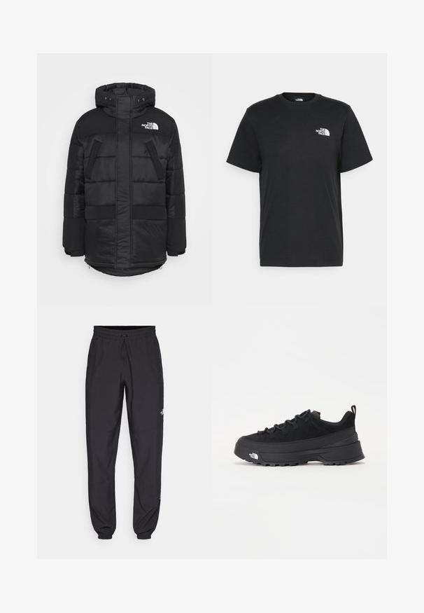 Casaco puffer preto com gola alta, capuz ajustável com cordão e bolsos frontais com fecho. Feito de material acolchoado e isolante.; T-shirt de algodão preto com mangas curtas, decote redondo e um pequeno logótipo branco no lado esquerdo do peito. Design simples, textura suave e corte relaxado.; Calças atléticas pretas feitas de tecido leve, com um cós ajustável por cordão, bolsos laterais e punhos afunilados nos tornozelos.; Sapatilha de exterior preta com parte superior em camurça, sola de borracha texturizada e sistema de atacadores robusto. Apresenta um calcanhar reforçado e o logótipo da marca na lateral.