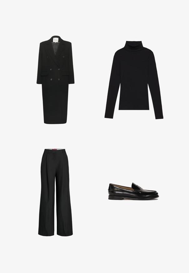 My Essential Wardrobe FRANNIE - Klasični plašč - black; Črna majica s puloverjem in dolgimi rokavi, izdelana iz rebraste tkanine, ima prilegan kroj s visokim ovratnikom in brez vzorcev ali okrasnih elementov.; Črne široke hlače s krojem, ki vključuje pregibe in gladko teksturo tkanine. Čiste linije brez vidnih kovinskih delov ali dodatkov.; Črne usnjene loafers cipele z zaobljenim nosom, enostavno obuvanje in subtilne šive ob zgornjem delu. Ravna gumijasta podplata.