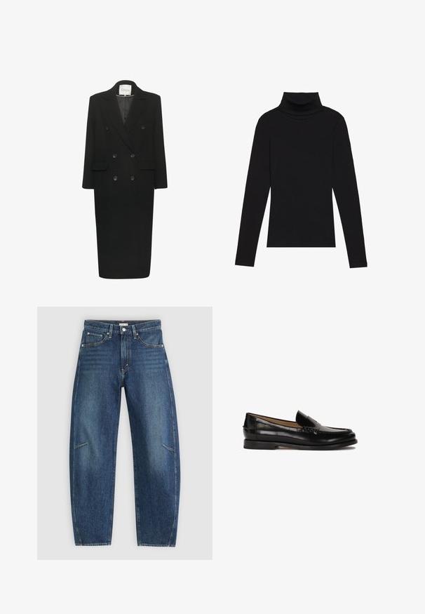 My Essential Wardrobe FRANNIE - Cappotto classico - black; Maglione a collo alto nero a maniche lunghe, realizzato in tessuto a coste, presenta un design aderente con un collo alto e senza motivi o dettagli.; Jeans in denim blu scuro con design a gamba dritta, caratterizzati da tasche anteriori, cuciture a contrasto e una leggera texture sbiadita lungo le gambe.; Mocassino in pelle nera con punta arrotondata, design slip-on e dettagli di cucitura discreti lungo la parte superiore. Suola piatta in gomma.