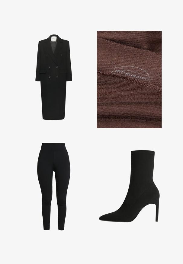 My Essential Wardrobe FRANNIE - Klassisk kappa / rock - black; Brunt tyg med en mjuk textur, med synliga sömmar och en cirkulär logotypetikett delvis dold av tygvecken.; Svarta leggings i sträckbart tyg, med hög midja, figurnära design och slät yta utan synliga sömmar eller detaljer.; Svarta ankelboots tillverkade av mjuk mocka, med spetsig tå och hög stilettklack. Minimalistisk design utan synlig hårdvara eller mönster.