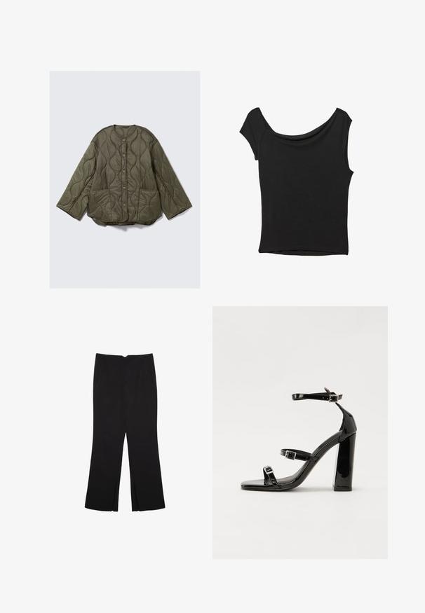 Olijfgroene gewatteerde jas met golfpatroon stiksel, ronde halslijn, knopen aan de voorkant, lange brede mouwen en twee voorzakken.; Zwart korte mouwen top gemaakt van een gladde stof; met een gedrapeerde halslijn en een asymmetrische zoom, met een getailleerd lijfje.; Zwarte broek met een rechte pasvorm, voorzien van zijzakken en plooien aan de onderzijde. Gemaakt van zachte, gladde stof. Geschikt voor verschillende gelegenheden.; Zwarte gepatenteerde sandalen met hak en een vierkante neus, enkelbandjes en zilveren gespen. Heeft een stevige blokhak voor stabiliteit.