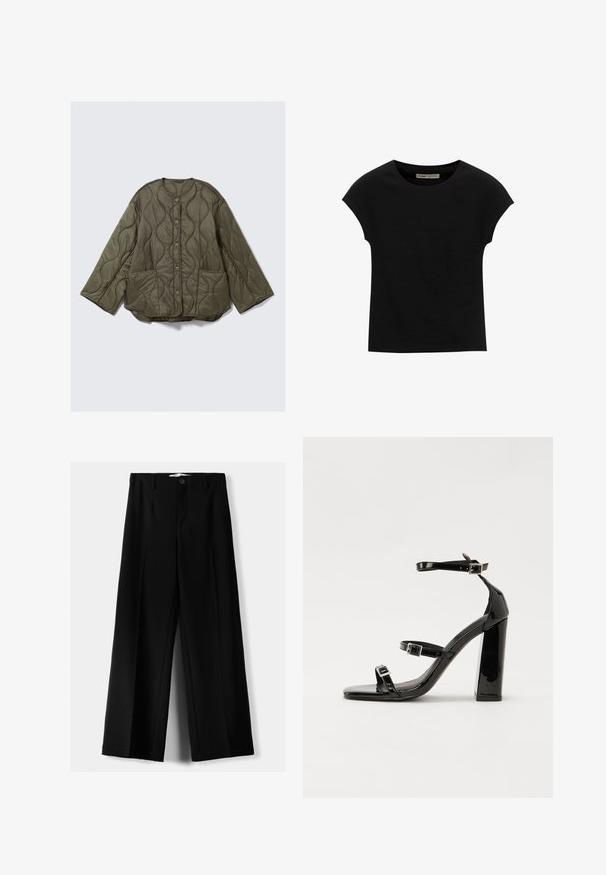 Olíva zöld tűzött dzseki hullámmintás varrással, kerek nyakkivágással, elülső gombokkal, hosszú, bő ujjakkal és két elülső zsebbel.; Fekete, rövid ujjú póló, puha anyagból, kerek nyakkivágással és laza szabással, sima felülettel és minták nélkül.; Fekete, bő szárú nadrág, könnyű anyagból, elöl gombos záródással és sima elfröccsenésű fazonnal, szépen varrott szegélyekkel.; Fekete lakk magas sarkú szandál négyzet alakú orral, bokapántokkal és ezüst csatokat tartalmaz. Masszív blokk sarka a stabilitásért felel.