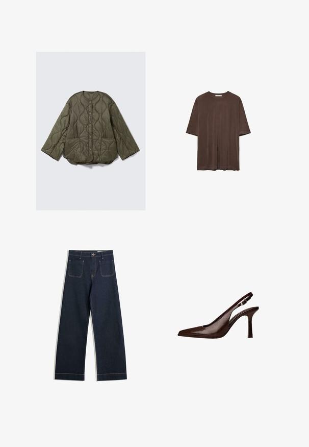 Maslinasto zelena pufasta jakna s valovitim šavom, okrugli izrez, prednji dugmadi, duge široke rukave i dva prednja džepa.; Smeđa majica kratkih rukava od mekog materijala, s okruglim izrezom i opuštenim krojem. Glatka tekstura bez uzoraka ili ukrasa.; Tamno plave široke traperice od denima s kontrastnim svijetlosmešavim šavovima, dva stražnja džepa i zatvaranjem na gumba u struku.; Smešani kožni slingback cipele s uskim nosom i tankom petom. Ima malu dekorativnu kopču na remenu i sjajnu završnicu.