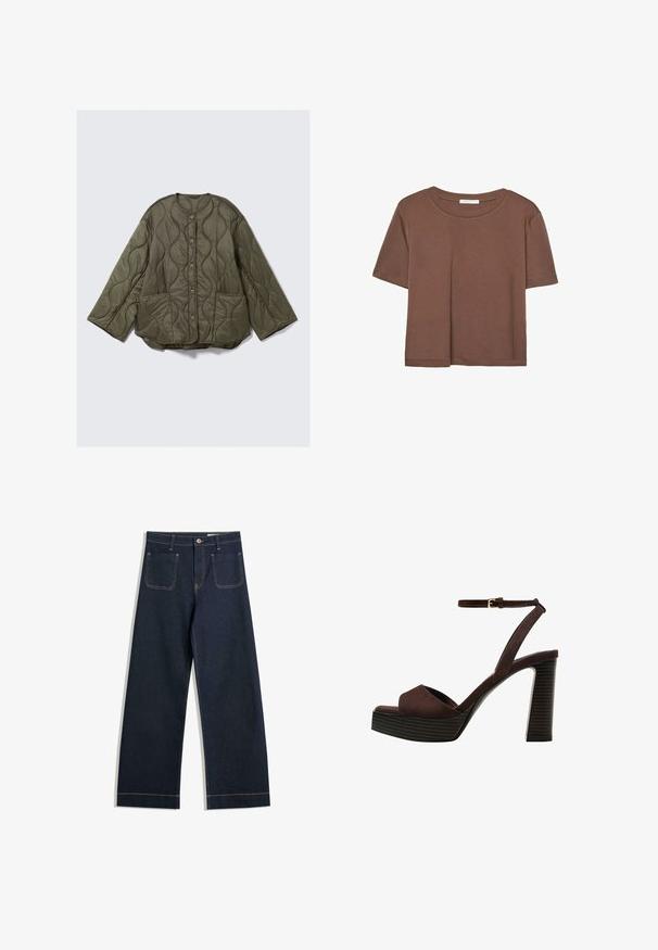 Olivno zeleni prešani plašč z valovitim šivom, okroglo izrezan, z gumbi spredaj, dolgimi širokimi rokavi in dvema sprednjima žepoma.; Rjava kratka majica s kratkimi rokavi iz mehkega materiala, s krožnim izrezom in ohlapnim krojem. Brez vidnih vzorcev ali dodatkov.; Temno modre široke jeans hlače iz denima s kontrastnim svetlo rjavim šivi, dvema zadnjima žepoma in gumbom za zapirjanje v pasu.; Rjave semiš sandale z visoko peto, odprto spredaj, z nastavljivim gležnjenjem in črtastim podplatom.