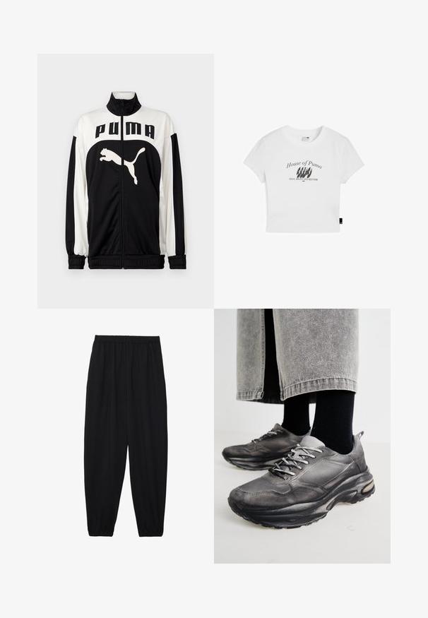 Zwart-witte ritsjack met hoge kraag, voorzien van het "PUMA" logo en een springende kat afbeelding aan de voorkant. Gemaakt van gladde, lichte stof.; Witte cropped t-shirt van katoen, met een zwarte grafische print die "House of Puma" en de tekst "BASS, BEATS AND RHYTHM" weergeeft.; Zwarte, lichte broek met een elastische tailleband en gathered enkels. De stof is glad en heeft een ontspannen, taps toelopend ontwerp.; Zwarte en grijze sport schoenen hebben een mesh bovenkant, dikke zolen en veters. Ze hebben een ronde neus en zichtbare dempingsdetails.