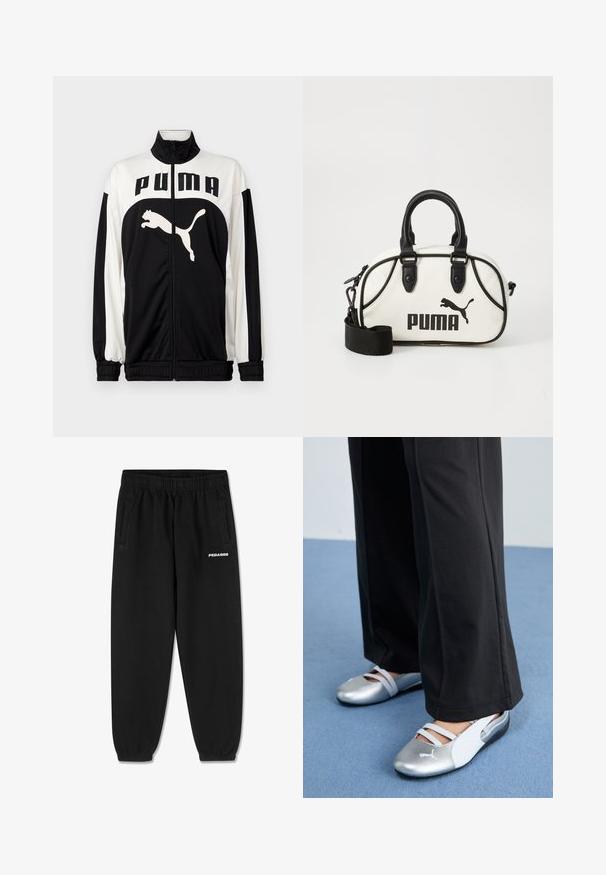 Zwart-witte ritsjack met hoge kraag, voorzien van het "PUMA" logo en een springende kat afbeelding aan de voorkant. Gemaakt van gladde, lichte stof.; Grijze katoenen t-shirt met korte mouwen, met een ronde hals en een klein wit "PEGADOR" logo op de voorkant. Soepele stof, comfortabele pasvorm.; Zwarte sweatpants van zacht materiaal, met een verstelbare tailleband, taps toelopende benen en zijzakken. "PEGADOR" logo in het wit op de voorkant.; Zilveren en witte platte schoenen met kruislingse banden en textuurdetails, aangevuld met losse zwarte broeken. Geplaatst tegen een blauwe vloer.; Witte handtas met zwarte accenten, met een Puma-logo. Korte, ronde handvatten en een afneembare schouderband, gemaakt van textuursynthetisch materiaal.