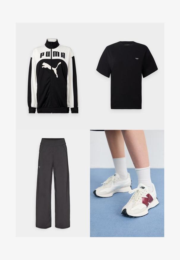 Chaqueta de cremallera en blanco y negro con cuello alto, que presenta el logo "PUMA" y un gráfico de un gato saltando en la parte frontal. Fabricada con una tela suave y ligera.; Camiseta de algodón negra con mangas cortas, cuello redondo y un logo bordado en forma de corazón en el lado izquierdo del pecho. Diseño simple y sin adornos.; Pantalones deportivos negros con una cinturilla ancha, bolsillos laterales y costuras planas. Presenta un pequeño logo en la pierna izquierda. Fabricado con una tela suave y elástica.; Un par de zapatillas blancas con acentos en color burdeos, paneles texturizados, suela negra plana y cordones claros, llevadas con calcetines blancos hasta el tobillo.