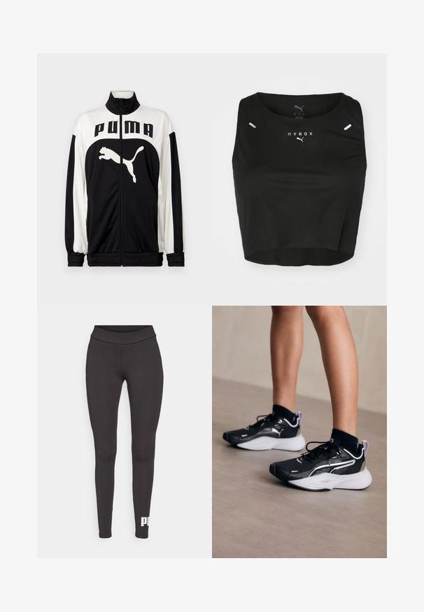 Jachetă zip-up alb-negru cu guler înalt, având logo-ul "PUMA" și un grafic cu o pisică săritoare pe față. Fabricată dintr-un material neted și ușor.; Cămașă scurtă neagră dintr-un material texturat, cu un guler rotund, logo alb și două mici accente reflectorizante pe umeri.; Colanți negri dintr-un material elastic, cu un talie înaltă și un logo alb imprimat pe piciorul din stânga jos. Textură netedă.; Pantofi sport negri cu accente albe, parte superioară din plasă, șireturi și toc amortizat. Dispune de o talpă texturată pentru aderență.