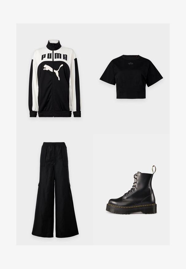 Black and white zip-up jacket with high collar, featuring the "PUMA" logo and a leaping cat graphic on the front. Made of smooth, lightweight fabric.; Black cropped t-shirt made of cotton. Features short sleeves and a round neckline. Includes a subtle logo detail on the chest.; Black wide-leg cargo pants made from a smooth, lightweight fabric. Features an elastic waistband, drawstring, and side pockets.; Black leather lace-up ankle boots with a chunky black sole and yellow stitching. Features a pull tab at the back and circular metal eyelets.