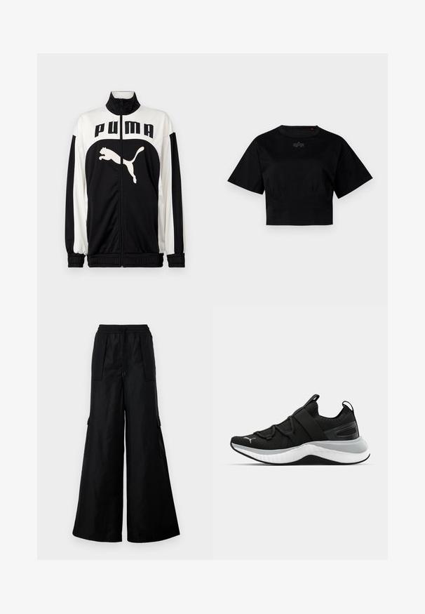 Mustavalkoinen vetoketjullinen takki, jossa on korkea kaulus. Edessä on "PUMA"-logo ja hyppäävän kissan kuvasto. Valmistettu sileästä, kevyestä kankaasta.; Mustat lyhythihaiset puuvillapaidat, joissa on pyöreä kaula-aukko. Paidassa on hienovarainen logopainatus rinnassa.; Mustat leveät cargo-housut, jotka on valmistettu sileästä ja kevyestä kankaasta. Ominaisuuksiin kuuluvat elastinen vyötärö, kiristysnauha ja sivutaskut.; Musta urheilujalkine, jossa on teksturoitu päällinen, joustavat remmit ja paksu valkoinen välikerros. Sisältää harmaan yksityiskohdan pohjan reunassa.