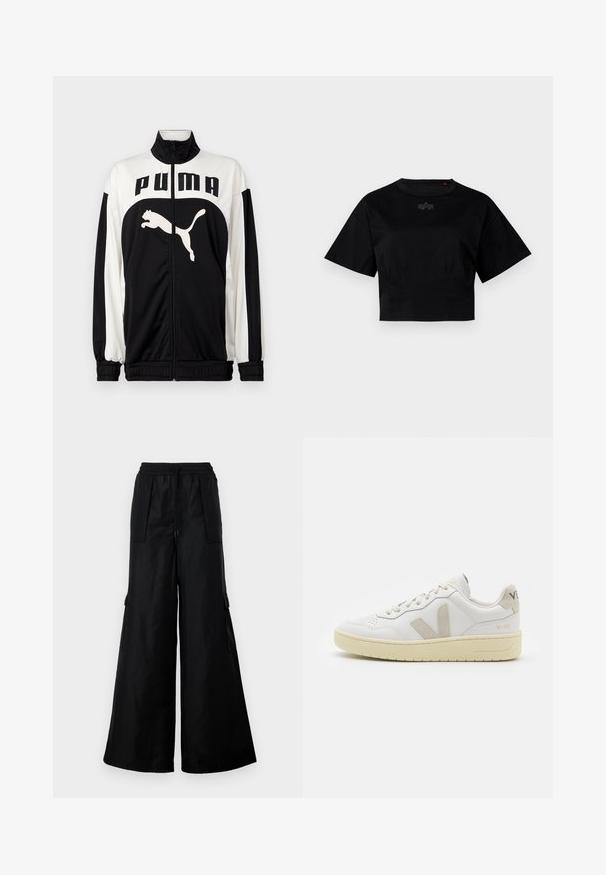 Schwarz-weiße Zip-Jacke mit hohem Kragen, ausgestattet mit dem "PUMA"-Logo und einer springenden Katzen-Grafik auf der Vorderseite. Hergestellt aus glattem, leichtem Material.; Schwarzes, kurzes T-Shirt aus Baumwolle. Mit kurzen Ärmeln und Rundhalsausschnitt. Enthält ein dezentes Logodetail auf der Brust.; Schwarze weit geschnittene Cargo-Hosen aus einem glatten, leichten Stoff. Verfügt über einen elastischen Bund, eine Kordel und seitliche Taschen.; Weiße Ledersneaker mit beigen Wildlederakzenten, perforierte Zehenbox, flache Schnürsenkel und eine strukturierte cremefarbene Sohle. Mit dezentem Branding an der Ferse.