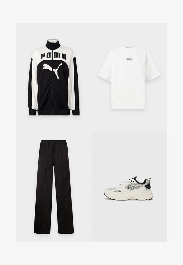 Schwarz-weiße Zip-Jacke mit hohem Kragen, ausgestattet mit dem "PUMA"-Logo und einer springenden Katzen-Grafik auf der Vorderseite. Hergestellt aus glattem, leichtem Material.; Weißes T-Shirt mit kurzen Ärmeln aus Baumwolle, das ein grafisches Logo in Grün innerhalb einer ovalen Form in der Mitte der Brust zeigt.; Schwarze, weit geschnittene Hose mit elastischem Bund. Hergestellt aus weichem Material mit minimalen Details, mit einem kleinen Logo an einer Seite.; Champion COUNTESS EVOLVE - Trainingsschuh - white/black