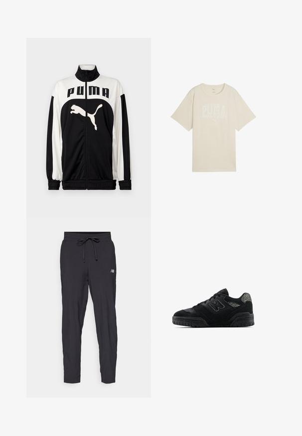 Zwart-witte ritsjack met hoge kraag, voorzien van het "PUMA" logo en een springende kat afbeelding aan de voorkant. Gemaakt van gladde, lichte stof.; Beige katoenen t-shirt met een ontspannen pasvorm, voorzien van een witte grafische print met de tekst "PUMA sports club" en een klein logo erboven.; Zwarte trainingsbroek van lichtgewicht materiaal met een elastische tailleband en een verstelbaar trekkoord. Beschikt over een klein logo aan de zijkant.; Zwarte low-top sneaker met een gestructureerde zool, vetersluiting, suède panelen en een patroonaccent op de hiel en het zijlogo.