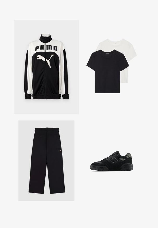 Chaqueta de cremallera en blanco y negro con cuello alto, que presenta el logo "PUMA" y un gráfico de un gato saltando en la parte frontal. Fabricada con una tela suave y ligera.; Dos camisetas de manga corta en negro y blanco. Hechas de algodón suave, con un escote redondo y un ajuste estándar con un detalle de costura mínimo.; Pantalones negros hechos de una tela de textura suave. Presentan un diseño de pierna recta, cintura con trabillas para cinturón y varios bolsillos.; Zapatilla negra de perfil bajo con suela texturizada, diseño de cordones, paneles de gamuza y acentos con patrón en el talón y el logo lateral.