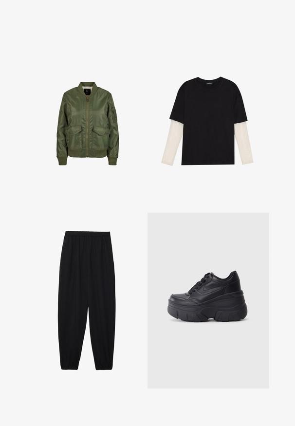 Oliwkowa kurtka bombowca z błyszczącego materiału, z prążkowanymi mankietami, dwiema kieszeniami z przodu i zapięciem na zamek błyskawiczny. Wnętrze podszewki widoczne.; Czarny T-shirt wykonany z bawełny, z krótkimi rękawami na białej warstwie z długim rękawem z delikatnym teksturowanym wzorem. Projekt z okrągłym dekoltem.; Czarne, lekkie spodnie z elastycznym pasem i ściągaczami na kostkach. Materiał jest gładki i ma luźny, zwężany krój.; Czarne sznurowane trampki z masywną podeszwą, z gładkim skórzanym wierzchem, zaokrąglonym noskiem i wyraźnym, warstwowym designem platformy.