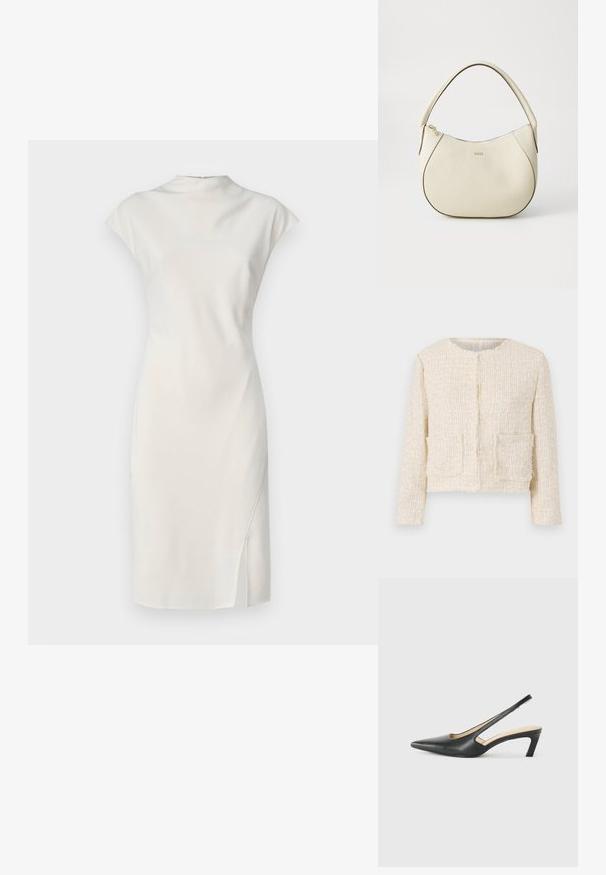 Gelaagde crèmekleurige jas met een ronde halslijn, twee voorzakken en rafelige randen. Aangemeten, cropped ontwerp met lange mouwen.; Witte, mouwloze jurk met een hoge halslijn en een zijsplit. Gladde textuur, aansluitende pasvorm en minimalistische stijl.; Zwarte puntige slingback schoen met een lage hak, gemaakt van soepel leer en voorzien van een uitsnede aan de zijkant voor ventilatie.; Crème-kleurige handtas met een gestructureerde afwerking, gebogen vorm, korte handgreep en een goudkleurige logo-applicatie. Ritsafsluiting aan de bovenkant.