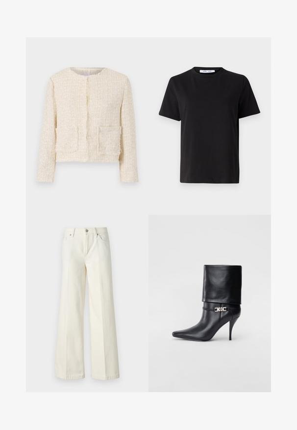 Jachetă crem texturată cu guler rotund, două buzunare frontale și margini desfăcute. Design croitat, scurt, cu mâneci lungi.; Tricou negru cu manșon scurt, fabricat din bumbac moale, având un guler rotund, o croială lejeră și o textură netedă. Fără modele sau grafice vizibile.; Blugi albi evazați dintr-o țesătură din bumbac. Prezintă un fermoar la braguă, un design cu cinci buzunare și cusături de-a lungul cusăturilor.; Botine negre din piele, cu vârf ascuțit, toc înalt și subțire, cu manșetă pliată și un detaliu decorativ cu cataramă aurie la gleznă.