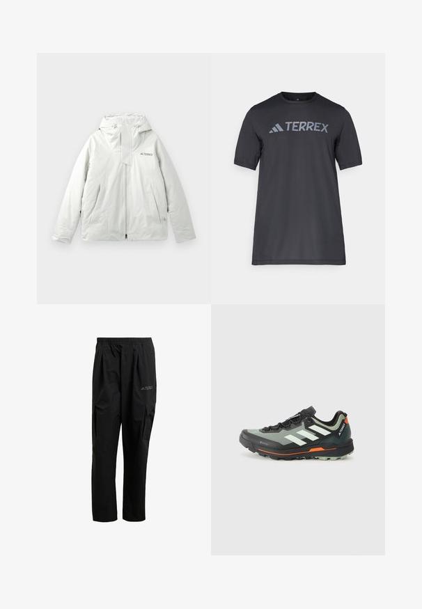 Helehall hallitusmustaga välijakk kapuutsi ja ees oleva tõmblukuga, kahe nurgelise eesoleva taskuga ja rinna peal "TERREX" logo.; Must musta t-särk, mis on valmistatud kergetest kangast, millel on kergehall "TERREX" logo rinnaeest ja ümar kaelus.; Must have mustrunnid, mis on valmistatud kergest materjalist, elastse vöökoha, küljekottide ja vaevu märgatava logoga reie peal.; Kerge jalgsimatka jooksujalats halli ja mustavõrguga ülemise osaga, oranžide aktsentidega ning robustse väljastuse haardeks. Veekindel Gore-Tex vooder.