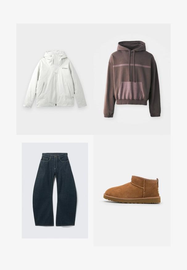 Casaco de exterior com capuz cinza claro, com fecho frontal, duas bolsos frontais angulados e o logo "TERREX" no peito.; Hoodie oversized de manga curta na cor castanho escuro com uma risca em degradê de castanho claro, bolso frontal e capuz com cordão. Fabricado em misto de algodão suave.; Calças largas de ganga azul escuro, feitas de denim, com cinco bolsos, costuras visíveis, fecho de botão e acabamento limpo.; Botim de tornozelo em camurça castanha com biqueira arredondada, detalhes de costura subtil e sola de borracha texturizada. Altura curta sem atacadores.