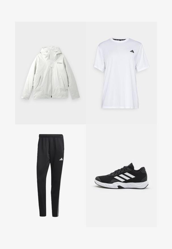 Gai pelēks āra jaka ar kapuci, priekšējo rāvējslēdzēju, divām leņķiskām priekšējām kabatām un "TERREX" logo uz krūtīm.; Balts sporta T-krekls ar īsām piedurknēm, izgatavots no mitrumu absorbējoša auduma. Tam ir melns logo kreisajā krūtī un rakstains iekšējais apkakles piegriezums.; Melnas sporta bikses ar stiepjas jostu, baltām sānu svītrām un mazu baltu logo uz augšstilba. Izgatavotas no gludas, vieglas materijas.; Melnas sporta kurpes ar teksturētu acu augšdaļu, baltām akcentu svītrām, mīkstu zoli un pastiprinātu papēdi atbalstam.